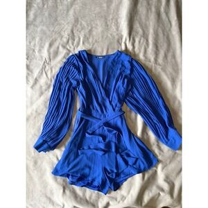 SHEIN Royal Blue Pleated Sleeve Wrap Romper V-Neck Belted Shorts Jumpsuit Small